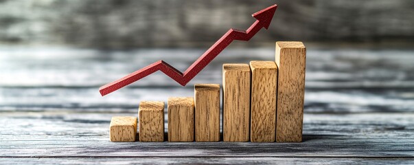 Poster - Wooden block bar chart with red arrow pointing upward, representing growth concept