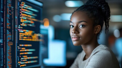Confident female programmer looking at code on large monitor.