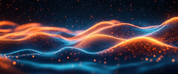 Abstract digital landscape with glowing waves of light and vibrant electric blue and fiery orange colors in a technology concept