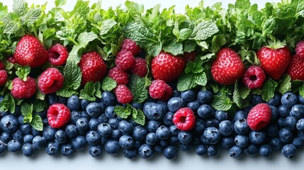 Wall Mural - Fresh assortment of vibrant berries and mint leaves arranged beautifully on a light background