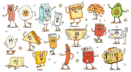 Poster - Retro cartoon groovy breakfast characters. Funny psychedelic drink and food personages with happy smiling faces. Hippy breakfast coffee, croissant, toast, egg and bacon, groovy sandwich, milk, cereals