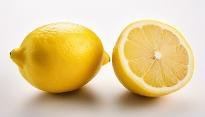 Wall Mural - A whole lemon and a lemon cut in half on a white background.  Vibrant yellow citrus fruit.