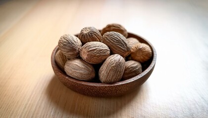 Wall Mural - A bowl of nutmeg seeds. Warm, earthy tones.