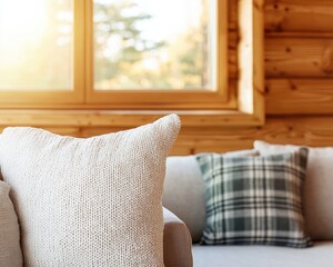 Wall Mural - A cozy living room corner featuring textured pillows and a warm wooden interior, with sunlight streaming through the large window.