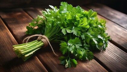 Wall Mural - Fresh parsley bunch on rustic wooden surface. Vibrant green herb.