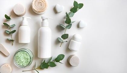 Wall Mural - Spa day essentials:  White bottles, bath salts, and eucalyptus leaves.