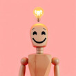 © linno - A joyful wooden mannequin with a glowing light bulb above, symbolizing new ideas and problem-solving, set against a pastel red background.