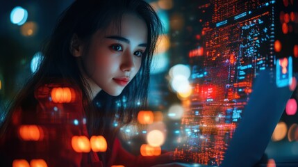 Woman programmer coding at night, city bokeh.