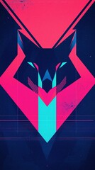 Wall Mural - A vibrant, abstract illustration of a wolf's face, featuring geometric shapes and a striking color palette of pink and blue against a dark background.