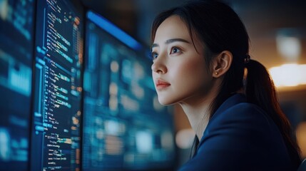 Focused female programmer reviewing code on large monitors.