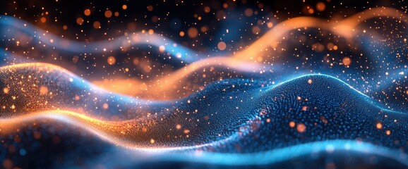 Futuristic Abstract Digital Wave with Glowing Blue and Orange Particles in Technology Concept