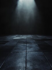 Wall Mural - dark, moody scene with a single spotlight illuminating a textured, tiled floor.