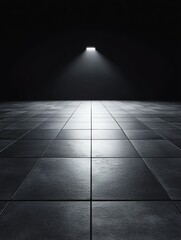 Wall Mural - dark room with single light source illuminating tiled floor.