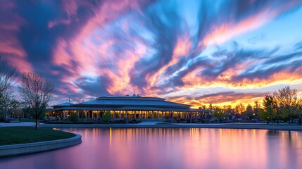 Wall Mural - Vibrant Sunset over Lake and Building