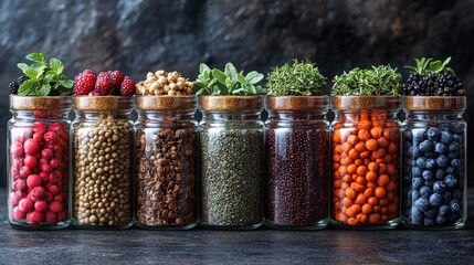 Canvas Print - Colorful assortment of spices and herbs in glass jars arranged on a dark surface