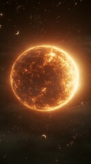 Wall Mural - Fiery orange planet in dark space with stars and crescent moons.