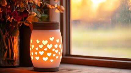 Wall Mural - Softly glowing heart-patterned lamp illuminating a cozy indoor space near a window with flower