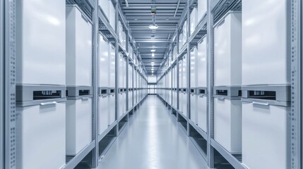 Poster - A modern, spacious warehouse aisle featuring structured shelving, illuminated by bright lights, conveying a sense of efficiency and organization.