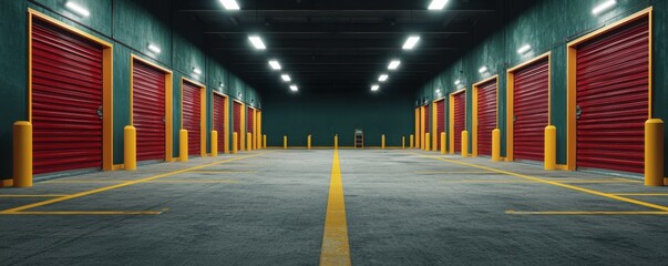 Poster - A wide shot of a storage facility featuring multiple red garage doors and a clean, spacious interior under bright lights.