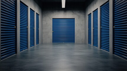 Poster - A clean, modern storage facility with blue roll-up doors and a concrete floor, creating an organized and spacious atmosphere.