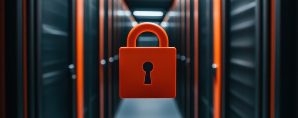 Leinwandbilder - A vibrant red lock hovers in a data center, symbolizing cybersecurity and protection of sensitive information amidst dark, storage units.