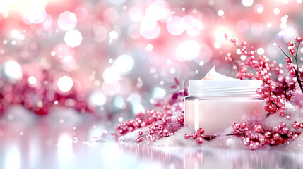 Wall Mural - a jar of cream is sitting on a bed of pink flowers. the flowers are arranged in a way that they surr