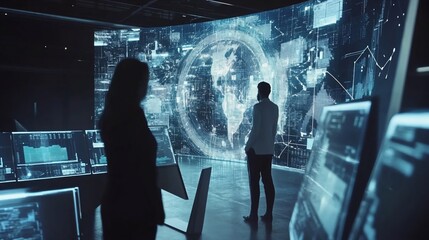 Two figures observing a large screen displaying a world map and data analysis information