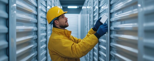 Poster - A worker in a yellow jacket and hard hat inspects inventory in a storage facility, utilizing a mobile device amidst organized shelving.