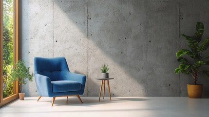 Wall Mural - Modern Minimalist Interior Design with Deep Blue Armchair and Concrete Wall