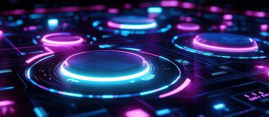 Futuristic neon interface with glowing buttons and circuits.