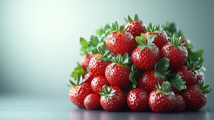 Wall Mural - Fresh strawberries arranged in a vibrant pile, showcasing their glossy texture and green leaves