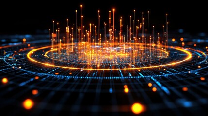 A software developer is typing abstract code on a futuristic computer interface creating innovative applications in a modern workspace. Digital cyber security concept.