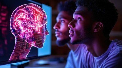 Software engineer working on AI-driven applications with futuristic code visuals displayed on monitors in a modern workspace. Cyber security and innovation focus.