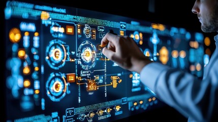 Digital programmer crafting secure software systems with abstract code visuals on computer screens. Advanced cyber security technology concepts in a high-tech setting.