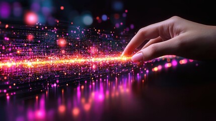 Developer typing abstract code in a futuristic workspace with glowing displays. Cyber security and digital technology concepts in a sleek innovative setup.