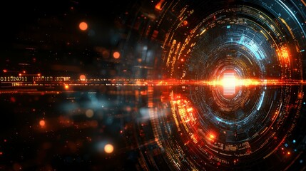 Futuristic coding workspace where a programmer develops secure apps using abstract code visuals. Cyber security and AI-driven software concepts are evident.