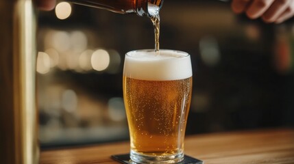 Wall Mural - Beer is being poured into a glass mug, creating a frothy top in a dimly lit bar filled with warm ambiance