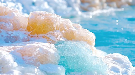 Wall Mural - Winter ice formations near blue water, sunlight.  Nature background