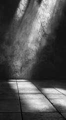 Wall Mural - dramatic light beams illuminate a dark, textured room with tiled floor.