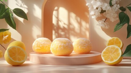 Sticker - Three fluffy yellow dessert balls on a pastel pedestal surrounded by fresh lemons and flowers