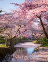 Wall Mural - Serene pink cherry blossoms frame a calm stream, petals floating gently on the water's surface.