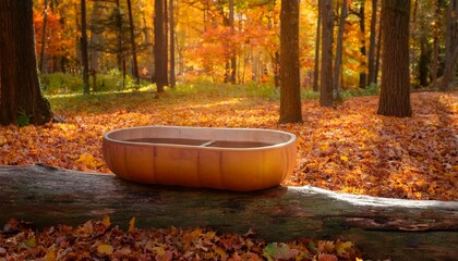 Canvas Print - Autumnal serenity: A tranquil scene with an orange basin nestled on a log amidst fallen leaves.