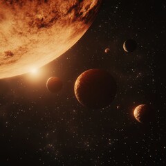 Wall Mural - Planetary system with a large orange planet and smaller celestial bodies orbiting a bright star in space.