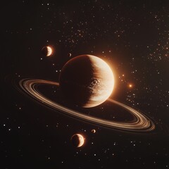 Wall Mural - Golden ringed planet with moons in space.