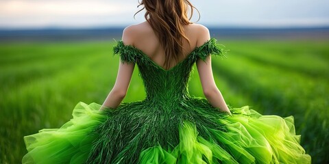 Wall Mural - woman wearing grass dress on green grassy lawn