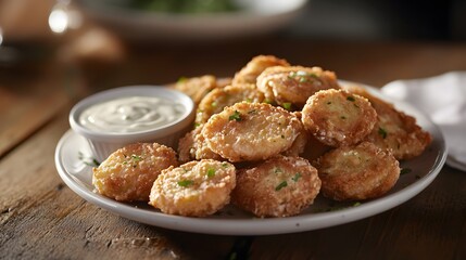 Crispy Southern Fried Green Tomatoes Served with Dipping Sauce on Rustic Wooden Table