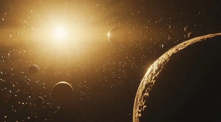 Wall Mural - Golden sun illuminates planets and asteroids in a dark space.