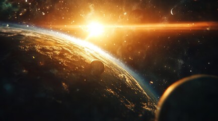 Wall Mural - Sunrise over Earth from space, showing planets and stars.