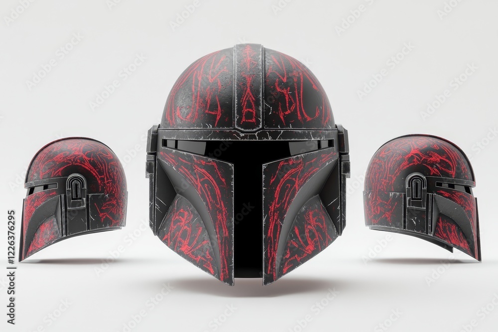 Foto de Stock Beskar helmet with red patterns, front and side views ...