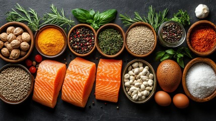 Canvas Print - Fresh salmon fillets surrounded by various herbs, spices, and ingredients on a dark surface